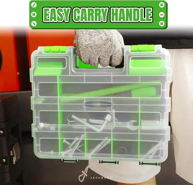 Alt view image 7 of 7 - Jack Boss Tool Box with Transparent Lid, Double Side 34-Compartments Organizer Box with Removable Dividers for Hardware, Screws, Bolts, Nails, Beads, Jewelry and Fishing Accessories, Green, 2 Pack