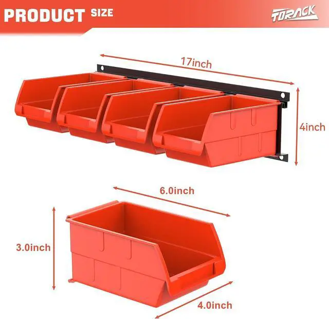 Alt view image 3 of 7 - TORACK Wall-Mounted Storage Bins, 8 Plastic Bins & 2 Tracks, Orange