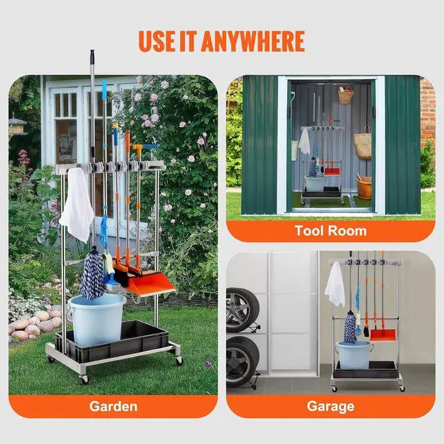 Alt view image 6 of 7 - VEVOR Garden Tool Organizer, 10 Slots with Hooks, Yard Tool Tower Rack with Wheels for Garage Organization and Storage, Hold Long-Handled Tool/Rake/Broom, Metal Tool Stand Holder for Shed, Outdoor