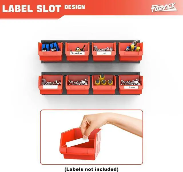 Alt view image 4 of 7 - TORACK Wall-Mounted Storage Bins, 8 Plastic Bins & 2 Tracks, Orange