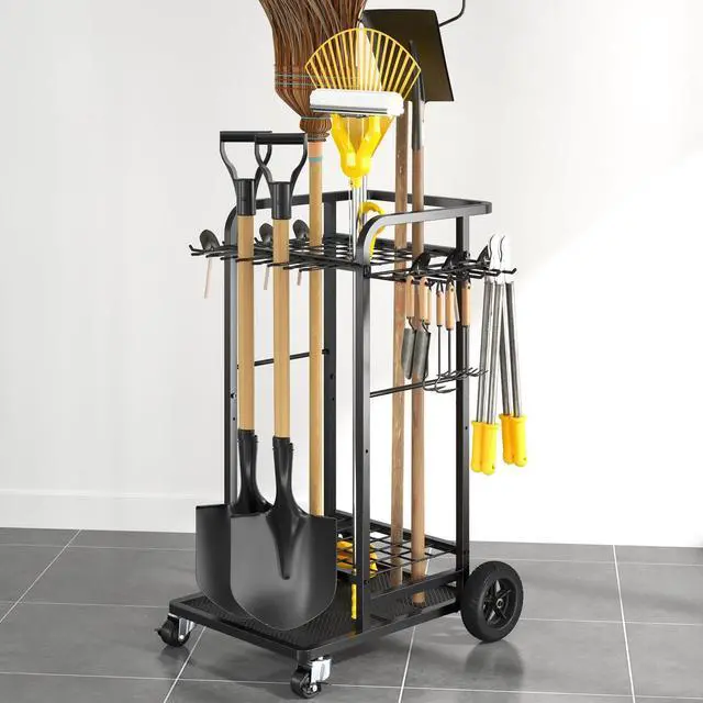 Main image of SOYEEZE Garden Tool Organizer with Large Wheels, Heavy Duty 3-Tier Yard Tower Tool Rack for Garage, Holds Up to 35 Long-Handled Tools, Garden Tool Cart with 12 Hooks for Tool Organization Storage