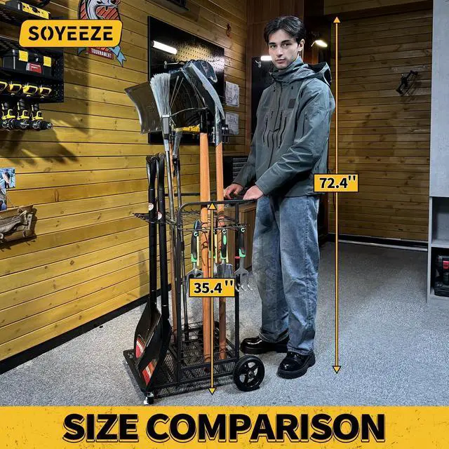 Alt view image 2 of 7 - SOYEEZE Garden Tool Organizer with Large Wheels, Heavy Duty 3-Tier Yard Tower Tool Rack for Garage, Holds Up to 35 Long-Handled Tools, Garden Tool Cart with 12 Hooks for Tool Organization Storage