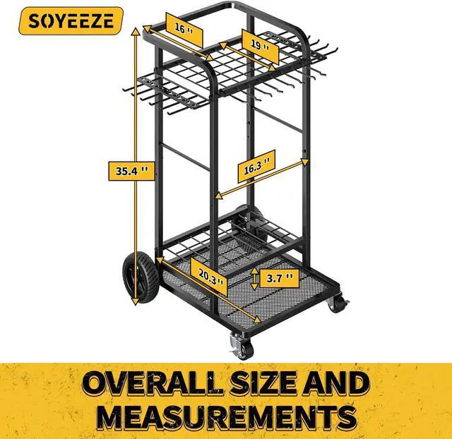 Alt view image 3 of 7 - SOYEEZE Garden Tool Organizer with Large Wheels, Heavy Duty 3-Tier Yard Tower Tool Rack for Garage, Holds Up to 35 Long-Handled Tools, Garden Tool Cart with 12 Hooks for Tool Organization Storage