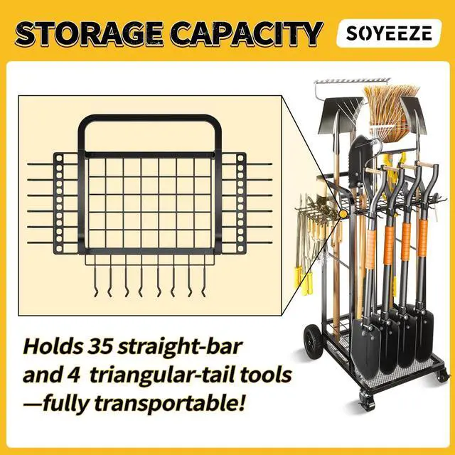 Alt view image 5 of 7 - SOYEEZE Garden Tool Organizer with Large Wheels, Heavy Duty 3-Tier Yard Tower Tool Rack for Garage, Holds Up to 35 Long-Handled Tools, Garden Tool Cart with 12 Hooks for Tool Organization Storage