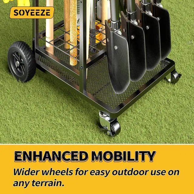 Alt view image 4 of 7 - SOYEEZE Garden Tool Organizer with Large Wheels, Heavy Duty 3-Tier Yard Tower Tool Rack for Garage, Holds Up to 35 Long-Handled Tools, Garden Tool Cart with 12 Hooks for Tool Organization Storage