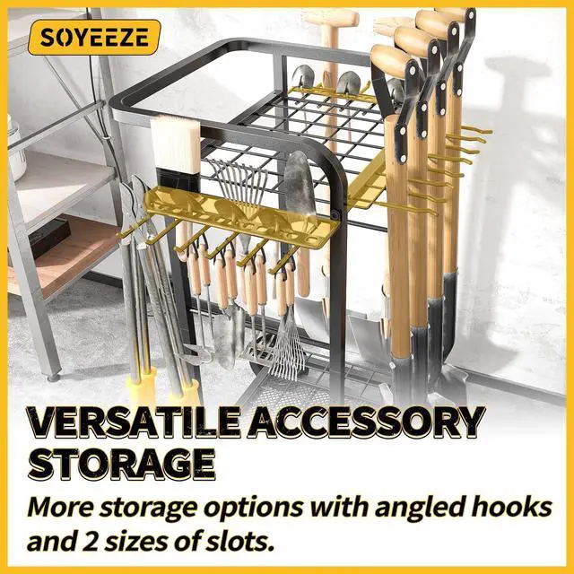 Alt view image 6 of 7 - SOYEEZE Garden Tool Organizer with Large Wheels, Heavy Duty 3-Tier Yard Tower Tool Rack for Garage, Holds Up to 35 Long-Handled Tools, Garden Tool Cart with 12 Hooks for Tool Organization Storage