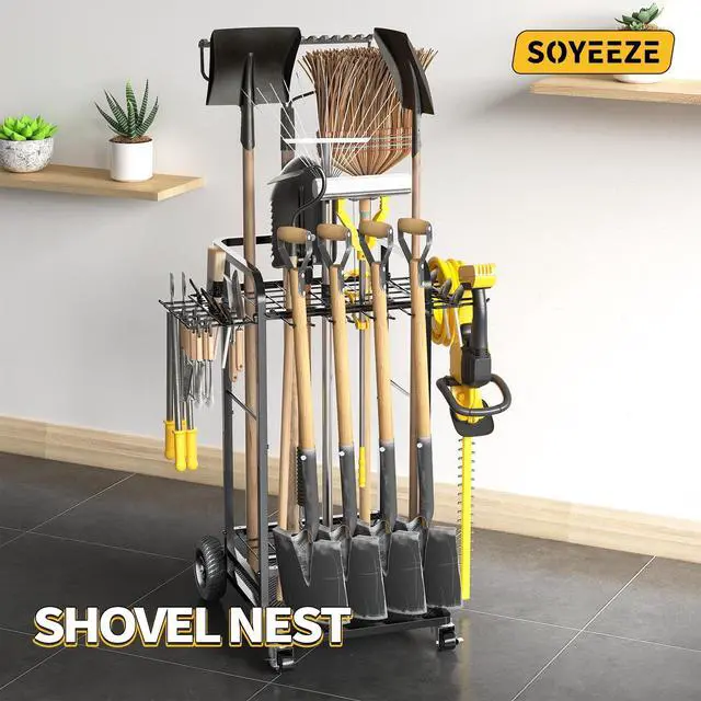 Alt view image 7 of 7 - SOYEEZE Garden Tool Organizer with Large Wheels, Heavy Duty 3-Tier Yard Tower Tool Rack for Garage, Holds Up to 35 Long-Handled Tools, Garden Tool Cart with 12 Hooks for Tool Organization Storage