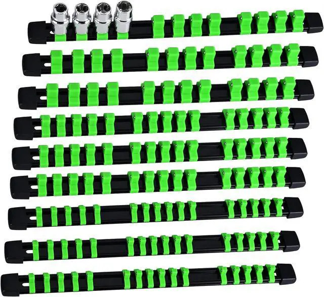 Main image of Socket Organizer Set 9PCS ABS Holder Kit - 1/4-Inch x 48, 3/8-Inch x 45, 1/2-Inch x 36 Clips, Drive Tray, Rail - Green