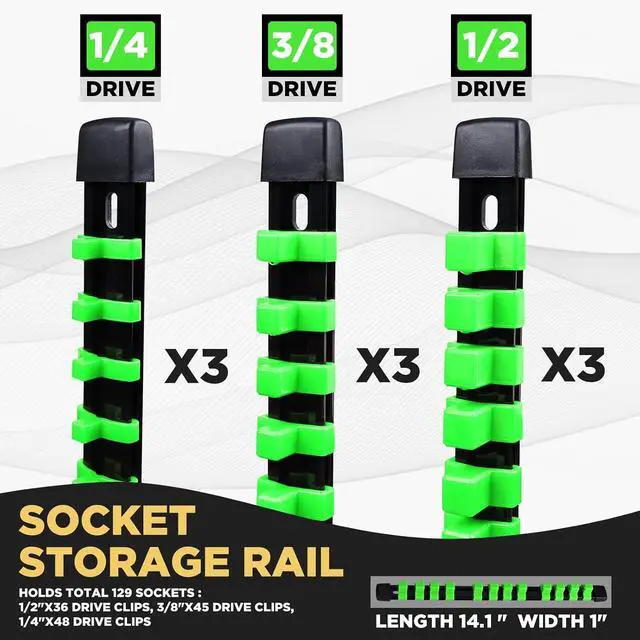 Alt view image 2 of 7 - Socket Organizer Set 9PCS ABS Holder Kit - 1/4-Inch x 48, 3/8-Inch x 45, 1/2-Inch x 36 Clips, Drive Tray, Rail - Green