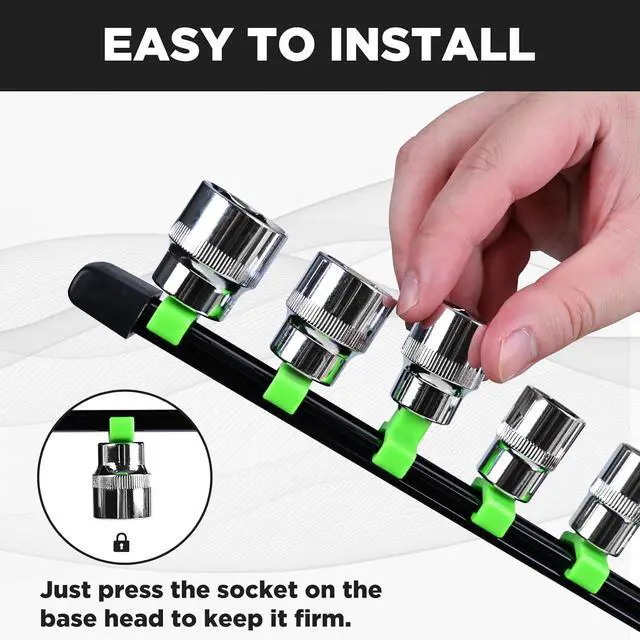 Alt view image 5 of 7 - Socket Organizer Set 9PCS ABS Holder Kit - 1/4-Inch x 48, 3/8-Inch x 45, 1/2-Inch x 36 Clips, Drive Tray, Rail - Green