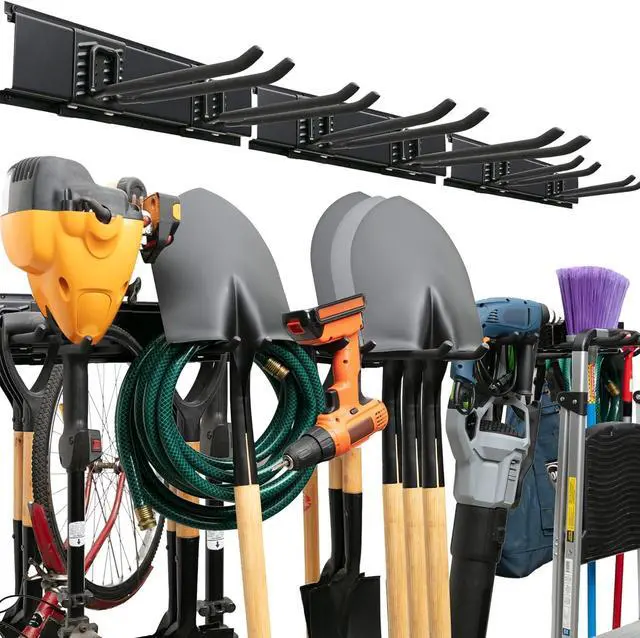 Main image of TIDYME Garage Tool Organizer Wall Mount - 48 inches - Sturdy Storage Rack with Adjustable Hooks, Anti-Rust - Easy Installation, 300lbs Capacity - Garden Tool Organizer (03 Racks & 06 Hooks)