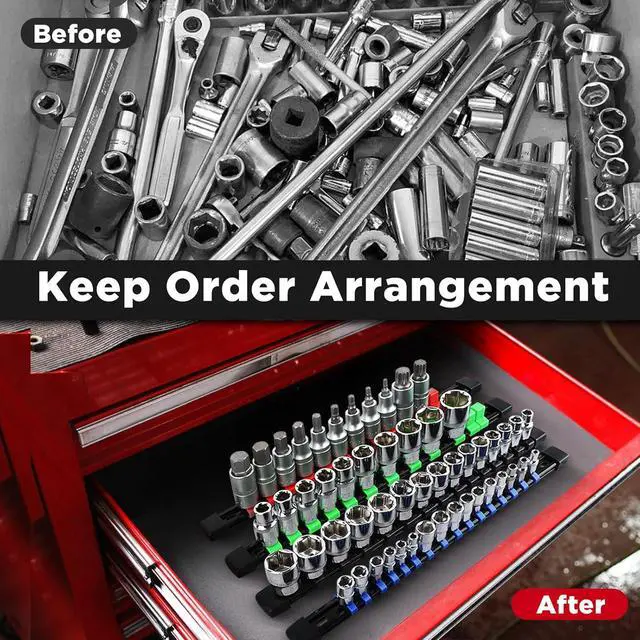 Alt view image 7 of 7 - Socket Organizer Set 9PCS ABS Holder Kit - 1/4-Inch x 48, 3/8-Inch x 45, 1/2-Inch x 36 Clips, Drive Tray, Rail - Green