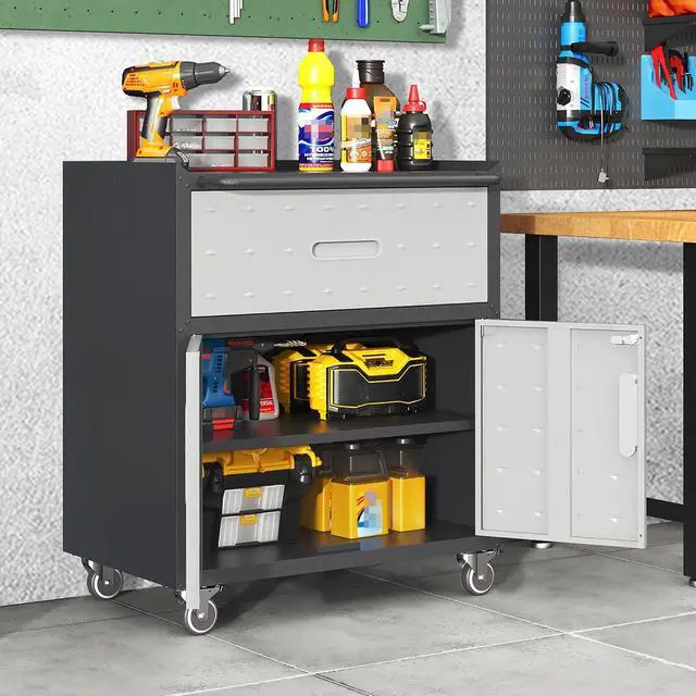 Alt view image 2 of 6 - Garage Cabinets,Metal Garage Storage Cabinet with Wheels,Lockable Rolling Tool Cabinet with Drawer and Adjustable Shelves,Heavy Duty Tools Cabinet for Home Office Utility Room,Black/Grey
