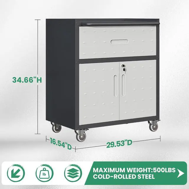 Alt view image 3 of 6 - Garage Cabinets,Metal Garage Storage Cabinet with Wheels,Lockable Rolling Tool Cabinet with Drawer and Adjustable Shelves,Heavy Duty Tools Cabinet for Home Office Utility Room,Black/Grey