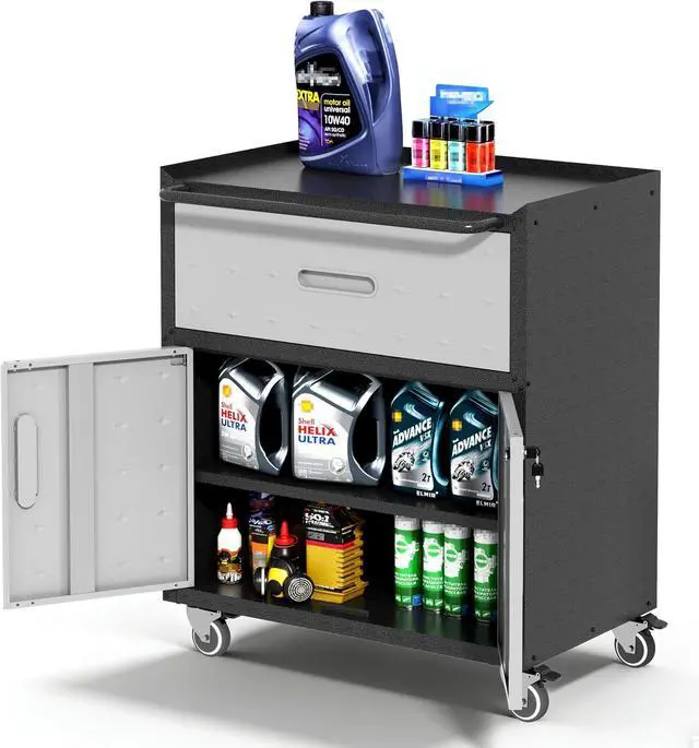 Main image of Garage Cabinets,Metal Garage Storage Cabinet with Wheels,Lockable Rolling Tool Cabinet with Drawer and Adjustable Shelves,Heavy Duty Tools Cabinet for Home Office Utility Room,Black/Grey
