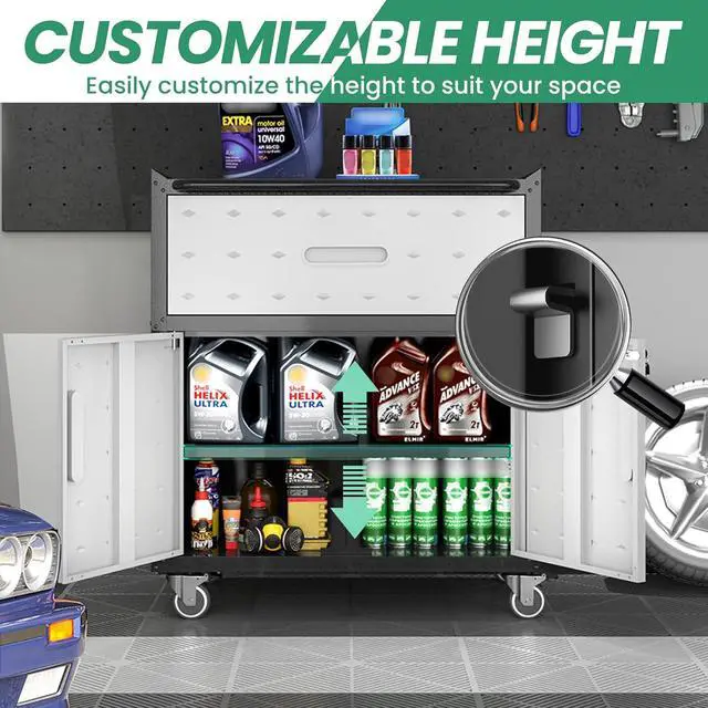 Alt view image 4 of 6 - Garage Cabinets,Metal Garage Storage Cabinet with Wheels,Lockable Rolling Tool Cabinet with Drawer and Adjustable Shelves,Heavy Duty Tools Cabinet for Home Office Utility Room,Black/Grey