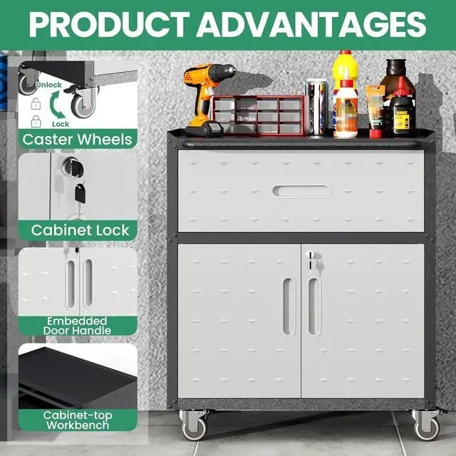 Alt view image 5 of 6 - Garage Cabinets,Metal Garage Storage Cabinet with Wheels,Lockable Rolling Tool Cabinet with Drawer and Adjustable Shelves,Heavy Duty Tools Cabinet for Home Office Utility Room,Black/Grey