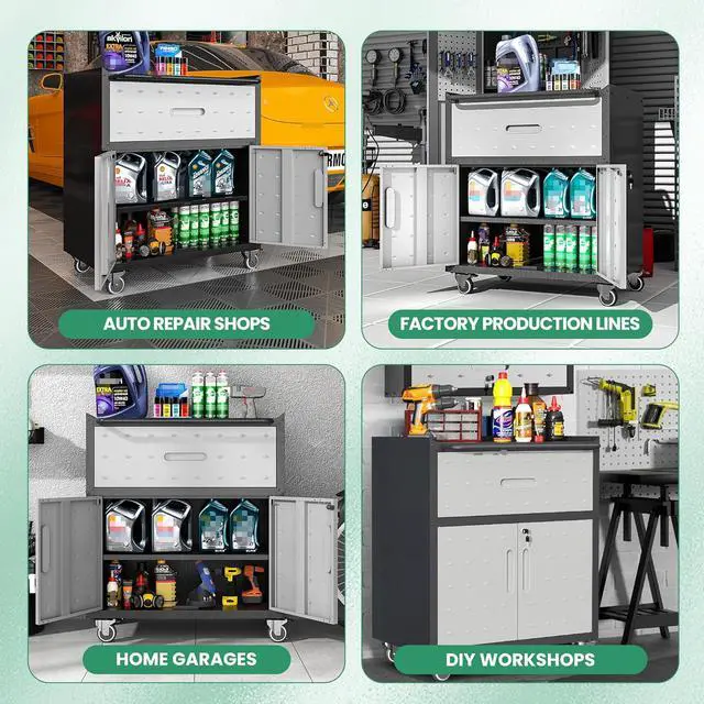 Alt view image 6 of 6 - Garage Cabinets,Metal Garage Storage Cabinet with Wheels,Lockable Rolling Tool Cabinet with Drawer and Adjustable Shelves,Heavy Duty Tools Cabinet for Home Office Utility Room,Black/Grey