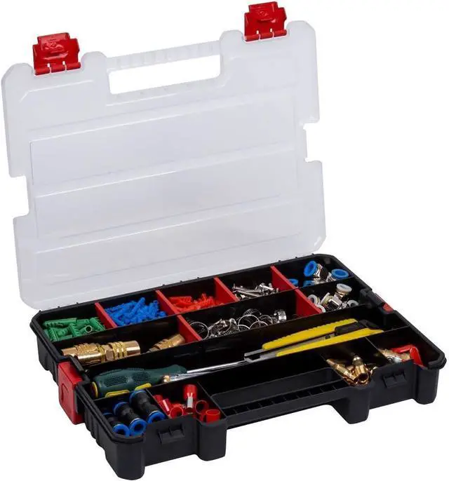 Alt view image 4 of 7 - 2-Pack Small Parts Organizer Box Stackable Hardware Storage Organizer Case with 20 Compartments & Dividers Screw, Nut, Bolt, Drill Bit Organizer for Garage, Workshop, Crafts