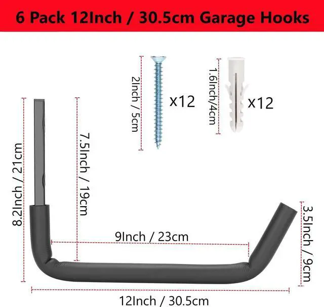 Alt view image 2 of 7 - Garage Storage Ladder Hooks with 12" Jumbo Arm, 8 Pack Heavy Duty Wall Mounted Storage Hanger Utility Organizer for Bicycle, Folding Chairs, Bike and Garden Tools