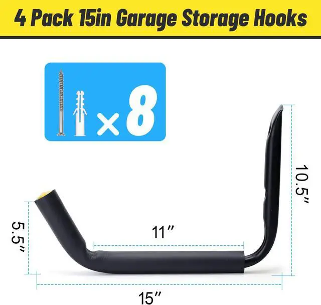 Alt view image 6 of 6 - GEEDAR Heavy Duty Garage Storage Hooks -120 LB Capacity, 4packs, 15" Wall Mounted Rack for Hanging Kayak, Paddle Board, Ladders, Bikes Enforced Kayak Storage Hanger