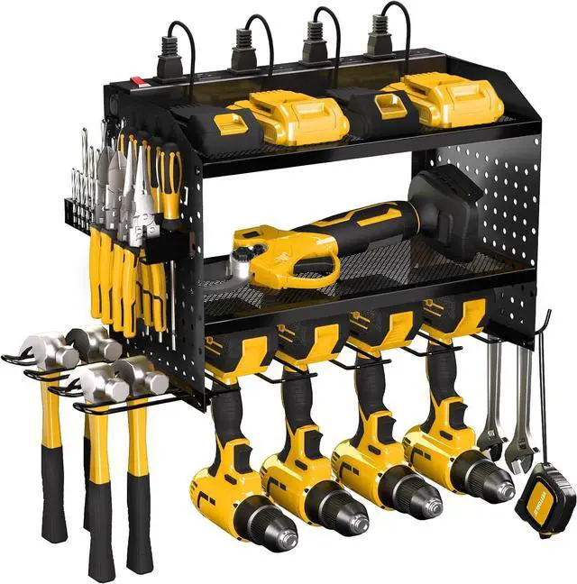 Main image of Power Tool Organizer with Charging Station, Heavy Duty Modular Wall Mount Rack for Garage & Shed Organization, 4 Drill Holders, Fathers Day Anniversary Birthday Gifts for Men Dad Him Husband(Black)