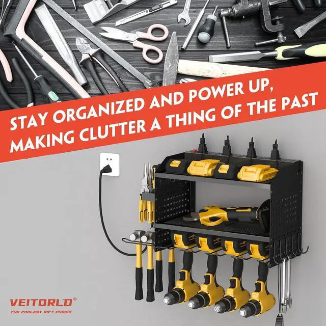 Alt view image 4 of 7 - Power Tool Organizer with Charging Station, Heavy Duty Modular Wall Mount Rack for Garage & Shed Organization, 4 Drill Holders, Fathers Day Anniversary Birthday Gifts for Men Dad Him Husband(Black)