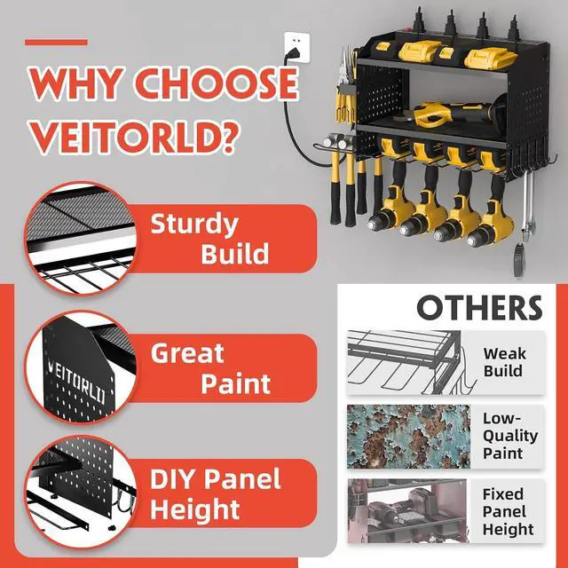 Alt view image 5 of 7 - Power Tool Organizer with Charging Station, Heavy Duty Modular Wall Mount Rack for Garage & Shed Organization, 4 Drill Holders, Fathers Day Anniversary Birthday Gifts for Men Dad Him Husband(Black)