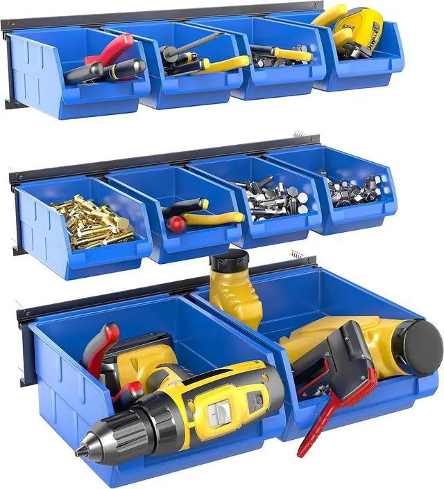 Main image of WALMANN Wall Mounted Storage Bins for Small Parts, 10 Bins with 3 Rails