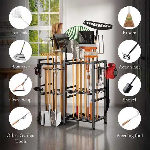 Alt view image 3 of 7 - CICUFY Garden Tool Organizer Storage Metal Yard Tool Organizer Heavy Duty Garden Tool Rack Stand with 2 Extra Hooks, Up To 70 Long Handled Shovels/Rakes/Brooms Holder for Garage,Shed,Outdoor(Black)