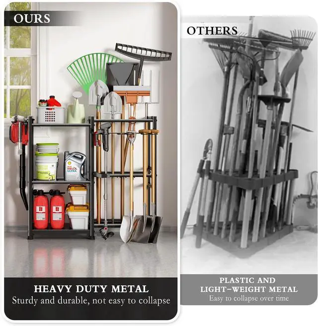 Alt view image 4 of 7 - CICUFY Garden Tool Organizer Storage Metal Yard Tool Organizer Heavy Duty Garden Tool Rack Stand with 2 Extra Hooks, Up To 70 Long Handled Shovels/Rakes/Brooms Holder for Garage,Shed,Outdoor(Black)