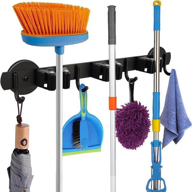 Main image of MUTUACTOR Magnetic Broom Holder,Anti-slip Heavy Duty Broom and Mop Hanger Metal Tool Holder 3 Racks and 4 Hooks for Laundry Garage Kitchen Factories Workshops Organization and Storage(1 Set)