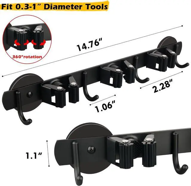 Alt view image 5 of 7 - MUTUACTOR Magnetic Broom Holder,Anti-slip Heavy Duty Broom and Mop Hanger Metal Tool Holder 3 Racks and 4 Hooks for Laundry Garage Kitchen Factories Workshops Organization and Storage(1 Set)