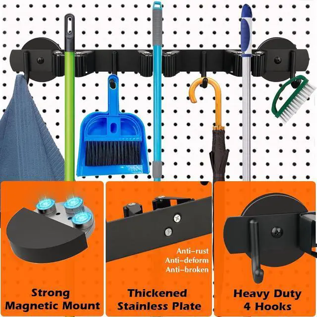 Alt view image 7 of 7 - MUTUACTOR Magnetic Broom Holder,Anti-slip Heavy Duty Broom and Mop Hanger Metal Tool Holder 3 Racks and 4 Hooks for Laundry Garage Kitchen Factories Workshops Organization and Storage(1 Set)