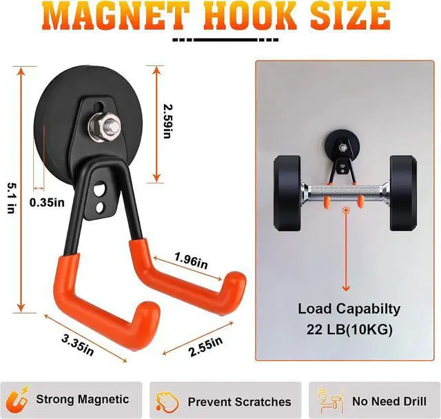Alt view image 2 of 7 - Heavy Duty Magnetic Garage Hook,Large Magnetic Hooks ,4 Pack Magnet Hooks with Anti-Slip Coating,Strong Storage Utility Magnetic Hook for Metal Cabinet,Pegboard,Garage Shelve,Garden Tools(Orange,M)