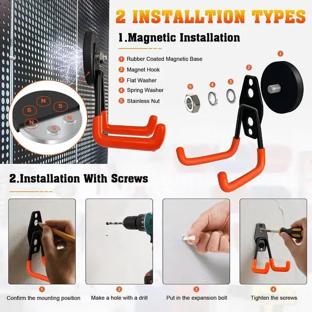 Alt view image 3 of 7 - Heavy Duty Magnetic Garage Hook,Large Magnetic Hooks ,4 Pack Magnet Hooks with Anti-Slip Coating,Strong Storage Utility Magnetic Hook for Metal Cabinet,Pegboard,Garage Shelve,Garden Tools(Orange,M)