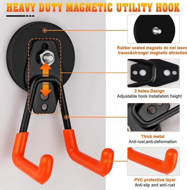 Alt view image 4 of 7 - Heavy Duty Magnetic Garage Hook,Large Magnetic Hooks ,4 Pack Magnet Hooks with Anti-Slip Coating,Strong Storage Utility Magnetic Hook for Metal Cabinet,Pegboard,Garage Shelve,Garden Tools(Orange,M)