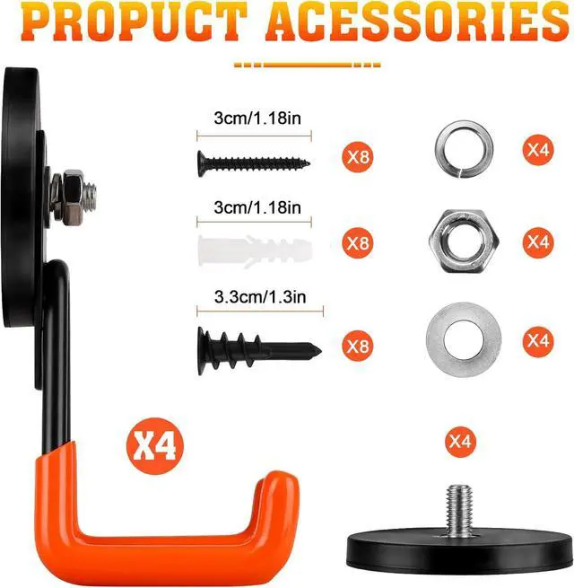 Alt view image 5 of 7 - Heavy Duty Magnetic Garage Hook,Large Magnetic Hooks ,4 Pack Magnet Hooks with Anti-Slip Coating,Strong Storage Utility Magnetic Hook for Metal Cabinet,Pegboard,Garage Shelve,Garden Tools(Orange,M)