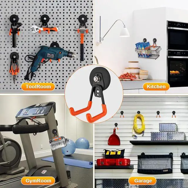 Alt view image 6 of 7 - Heavy Duty Magnetic Garage Hook,Large Magnetic Hooks ,4 Pack Magnet Hooks with Anti-Slip Coating,Strong Storage Utility Magnetic Hook for Metal Cabinet,Pegboard,Garage Shelve,Garden Tools(Orange,M)