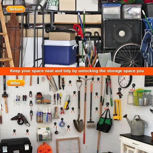 Alt view image 7 of 7 - Heavy Duty Magnetic Garage Hook,Large Magnetic Hooks ,4 Pack Magnet Hooks with Anti-Slip Coating,Strong Storage Utility Magnetic Hook for Metal Cabinet,Pegboard,Garage Shelve,Garden Tools(Orange,M)