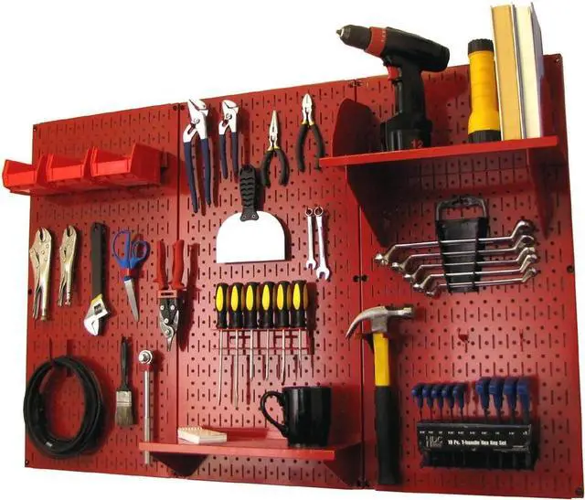 Main image of Wall Control Pegboard Organizer 4 ft. Metal Pegboard Standard Tool Storage Kit with Red Toolboard and Red Accessories