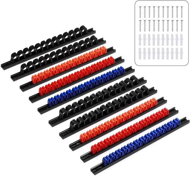 Alt view image 2 of 7 - CASOMAN 10 pcs Screwdriver Organizer and Wrench Organizer, Wall Mount, Hand Tool Holder, Plastic Rail Wrench Hanger with Clips