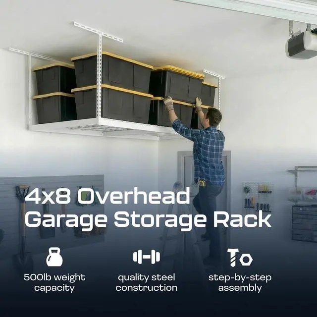 Alt view image 2 of 6 - MonsterRax 4x8 Overhead Garage Storage Rack, White, 24"-45" Height