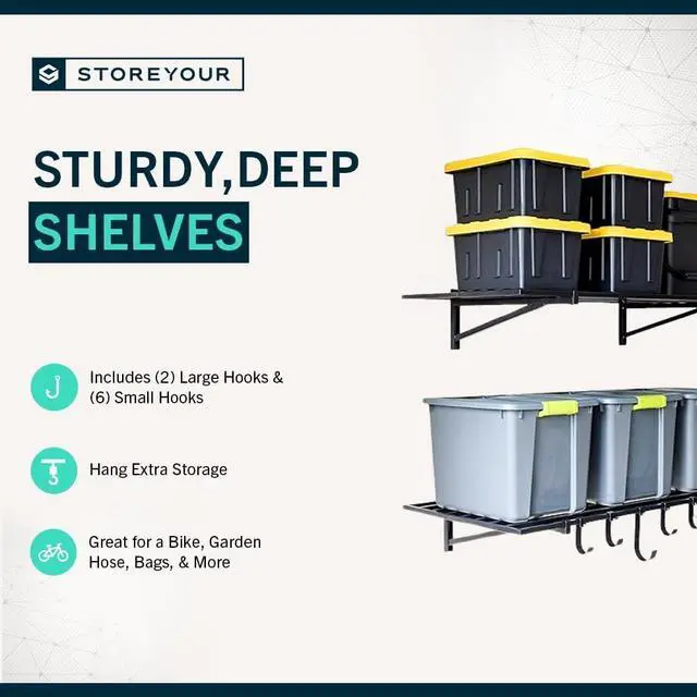 Alt view image 5 of 6 - StoreYourBoard Garage Wall Shelf, 2x4 ft, Holds 400 lb, 6 Hooks, 2 Pack