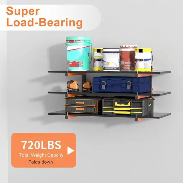 Alt view image 4 of 7 - Riciakik Lumber Rack Wall Mount, Lumber Storage Rack, Heavy Duty Wood Storage Racks with 6-Level System, 720 lb Sturdy Garage Wood Organizer, Orange Lumber Metal Racks for Indoor and Outdoor (4 PACK)