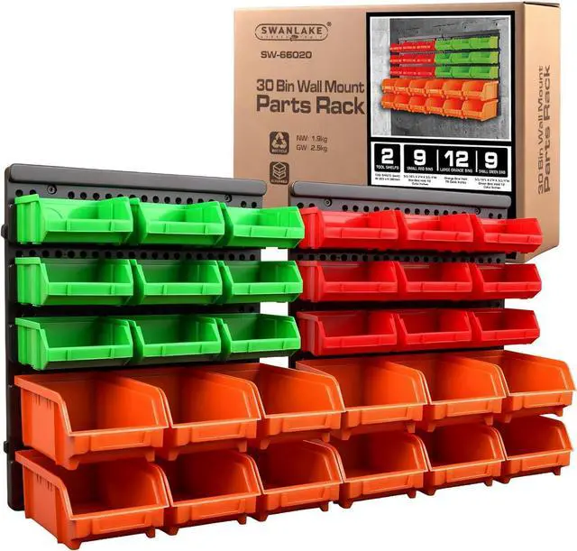 Main image of 30-Bin Wall-Mounted Storage Bins, Heavy-Duty Garage Tool Organizer for Screws, Nuts, Bolts, Nails, Small Hardware Parts - Easy Installation and Customizable