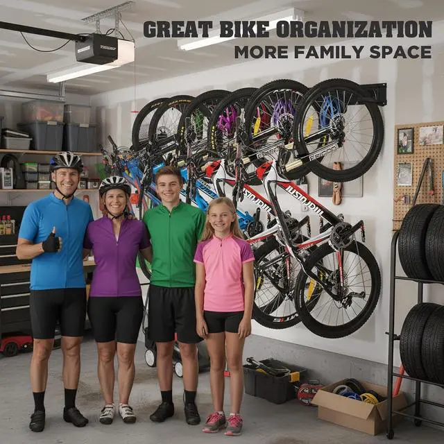 Alt view image 4 of 7 - HORUSDY Stainless Steel Bike Storage Rack, 6 Bike Storage Hanger Wall Mount and 6 Helmets Hooks for Home & Garage Holds Up to 600lbs, Black