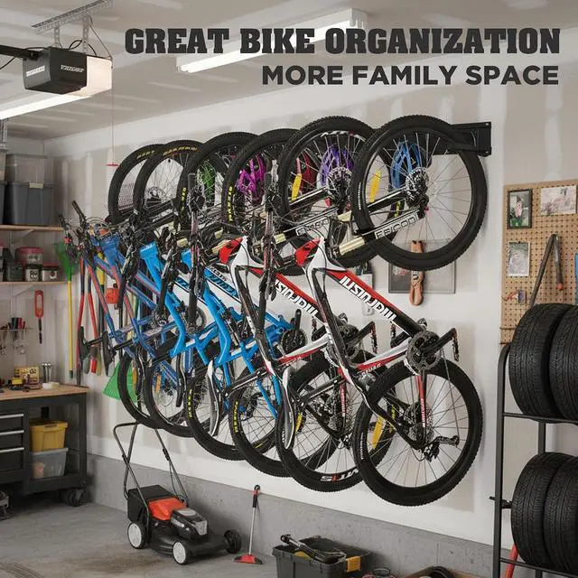 Alt view image 6 of 7 - HORUSDY Stainless Steel Bike Storage Rack, 6 Bike Storage Hanger Wall Mount and 6 Helmets Hooks for Home & Garage Holds Up to 600lbs, Black