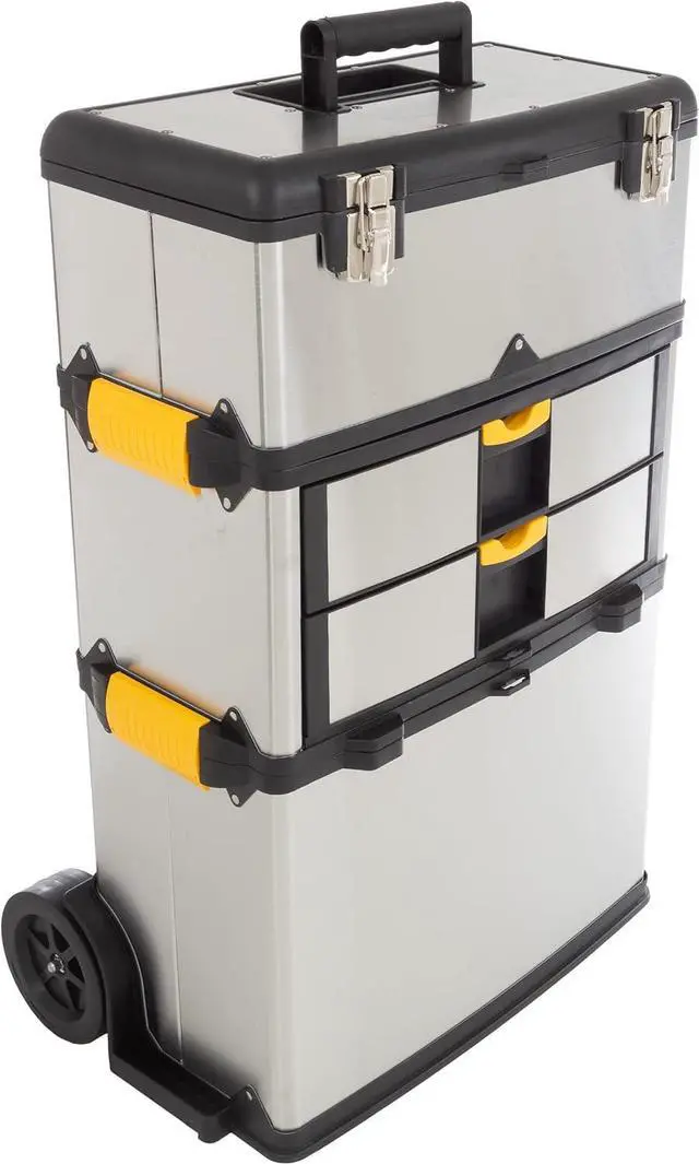 Main image of 3-Part Portable Tool Box - Stainless-Steel Drawer Organizer with Wheels, Extendable Handle and Tough Latches - Rolling Tool Chest by Stalwart (Silver)