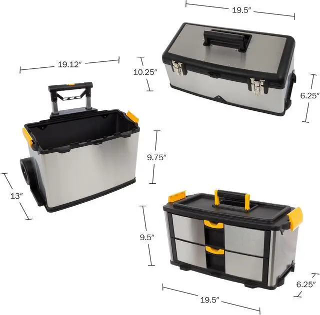 Alt view image 2 of 7 - 3-Part Portable Tool Box - Stainless-Steel Drawer Organizer with Wheels, Extendable Handle and Tough Latches - Rolling Tool Chest by Stalwart (Silver)